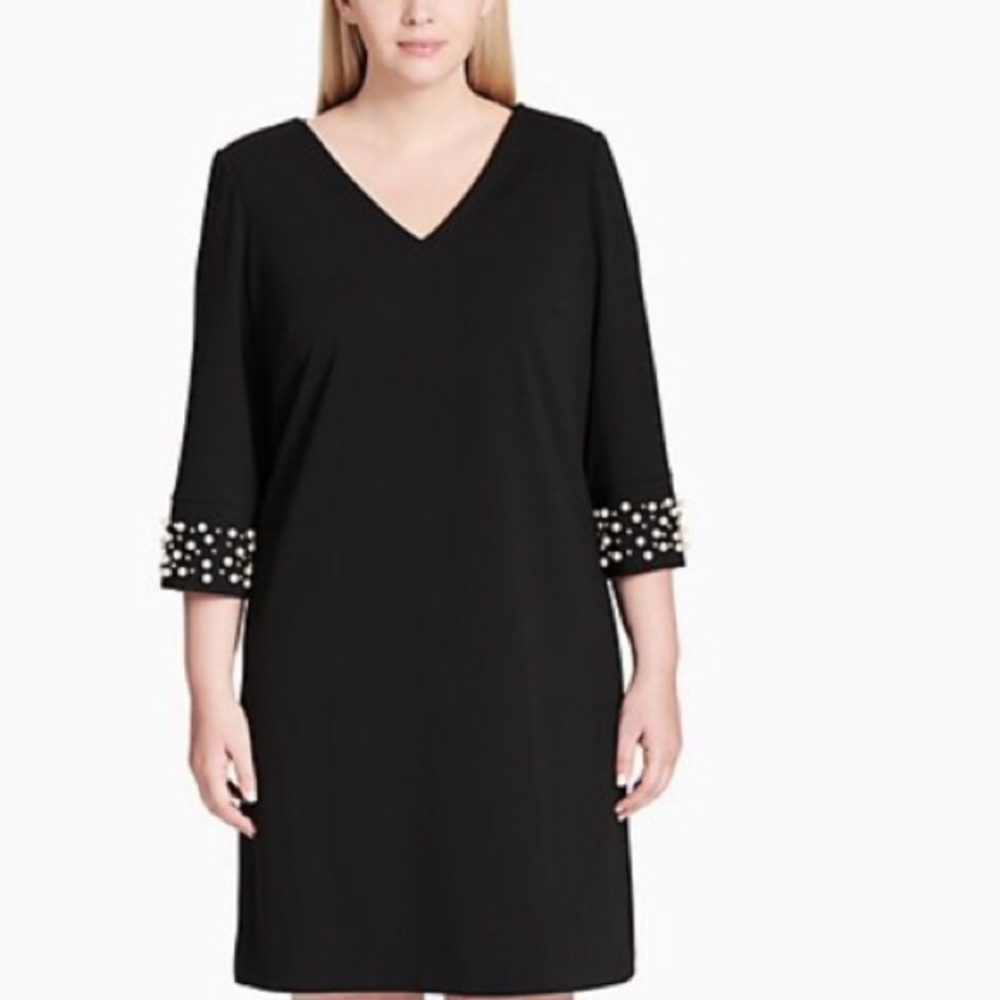 Blk pearl embellished sleeve dress